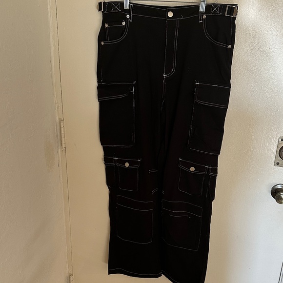 Faded Rose Pants - Black Cargo Pants with White Stitching. Grunge, Goth, Utility